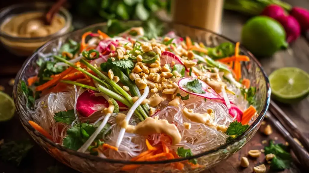 Glasnudelsalat mit Erdnuss-Dressing, frisches Gemüse, Radieschen, Möhren, Sojasprossen, Limette, serviert in einer Schüssel