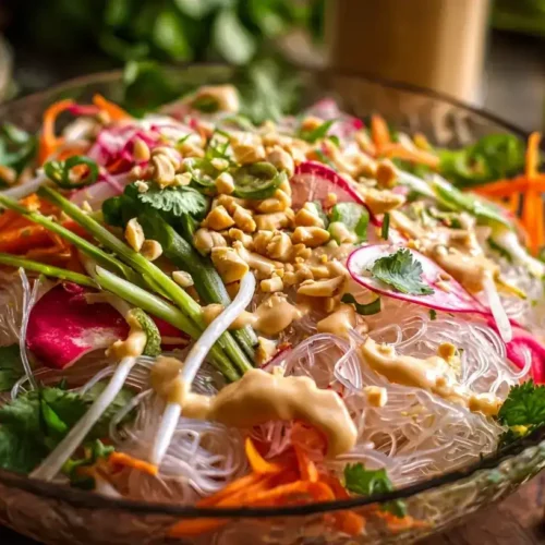 Glasnudelsalat mit Erdnuss-Dressing, frisches Gemüse, Radieschen, Möhren, Sojasprossen, Limette, serviert in einer Schüssel