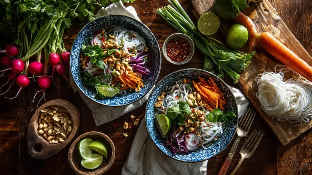 Glasnudelsalat mit Erdnuss-Dressing, Top-Down Ansicht, bunte Gemüse, Erdnüsse, Petersilie, appetitlich angerichtet