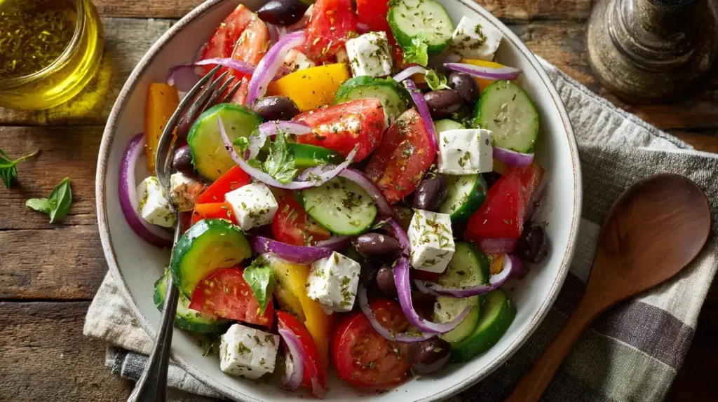 Griechischer Bauernsalat – so schnell und einfach Griechischer Bauernsalat mit Tomaten, Gurken, Paprika, Feta und Oliven – mediterraner Sommersalat auf rustikalem Tisch.