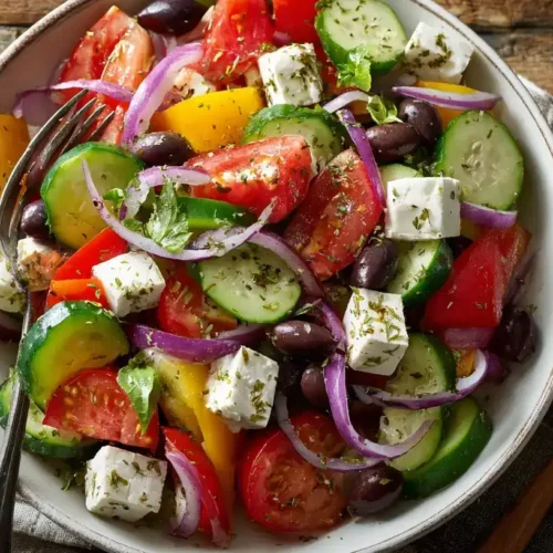 Griechischer Bauernsalat mit Tomaten, Gurken, Paprika, Feta und Oliven – mediterraner Sommersalat auf rustikalem Tisch.