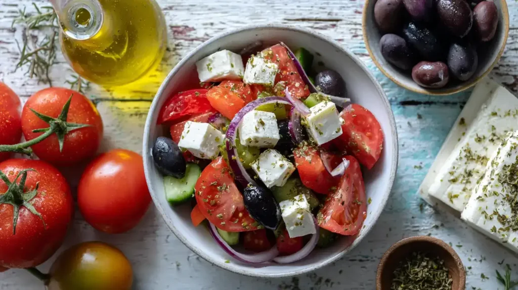 Griechischer Bauernsalat mit Feta in der Mitte und frischen Zutaten – Tomaten, Gurken und Oliven rundherum arrangiert.