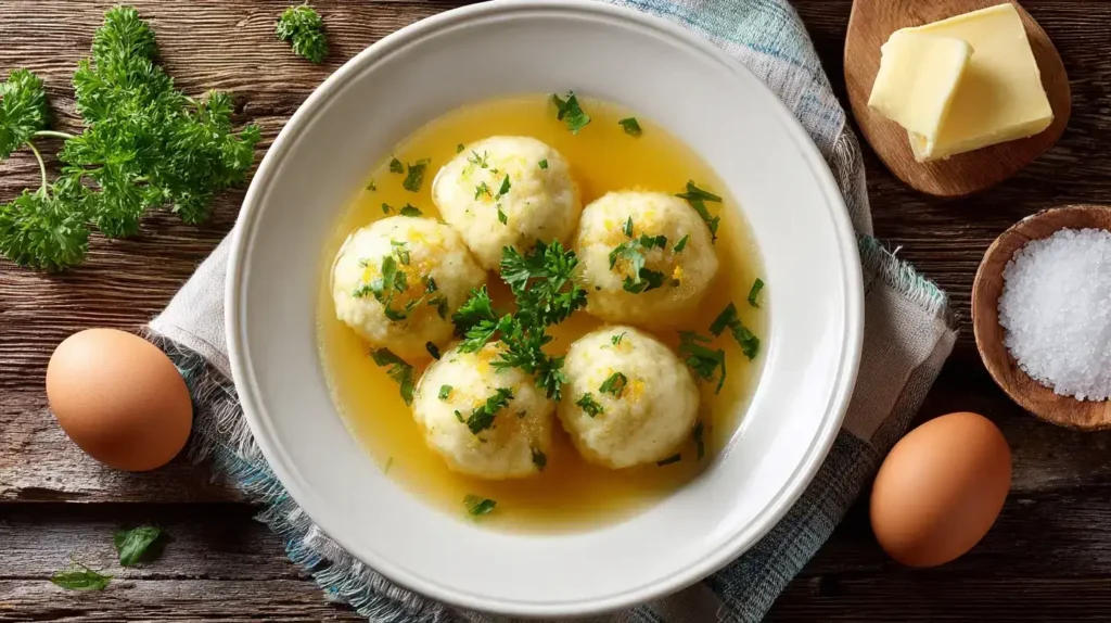Zutaten für klassische Grießklößchensuppe auf einem Holztisch, Hartweizengrieß, Eier, Butter und Brühe
