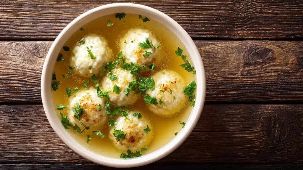 Klassische Grießklößchensuppe – Omas wärmende Seelenkost für kalte Tage Servierte klassische Grießklößchensuppe in einer weißen Schüssel, garniert mit frischer Petersilie