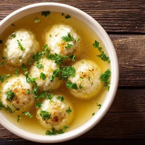 Servierte klassische Grießklößchensuppe in einer weißen Schüssel, garniert mit frischer Petersilie