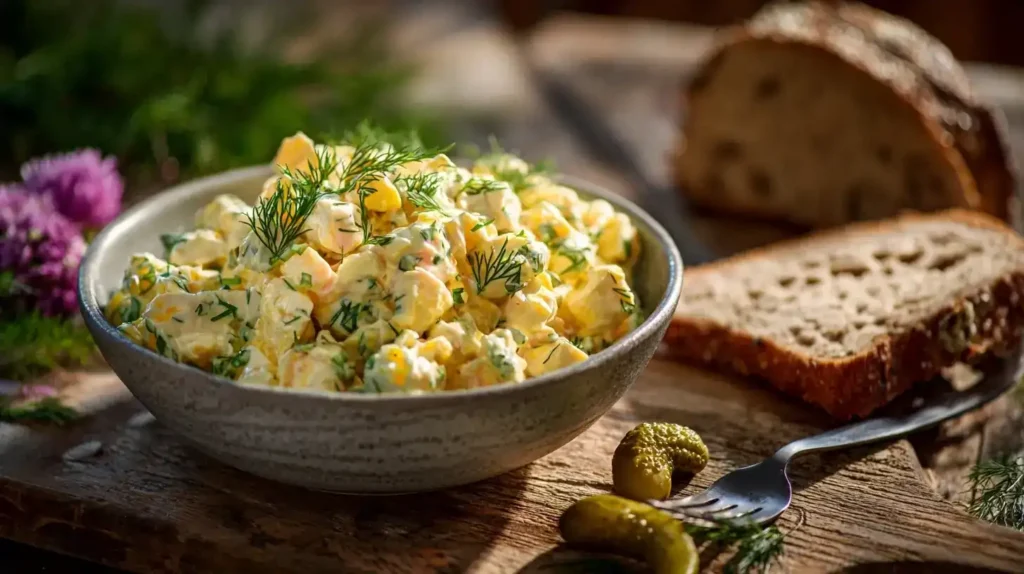 Frisch zubereiteter klassischer Eiersalat in Schüssel mit Dill und Cornichons