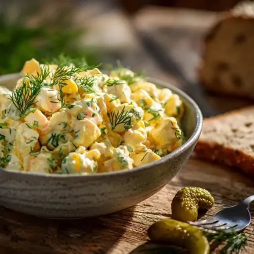 Frisch zubereiteter klassischer Eiersalat in Schüssel mit Dill und Cornichons