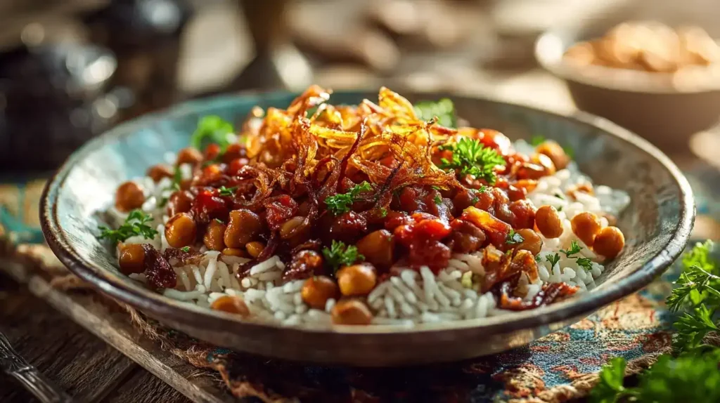 Koshari mit Reis, Linsen, Nudeln und Kichererbsen im Teller serviert