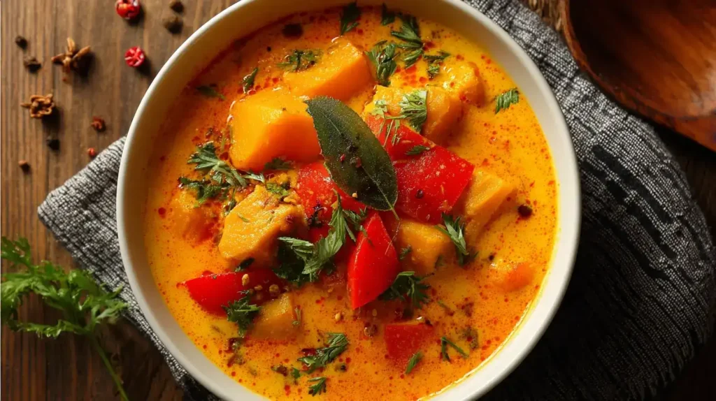 Kürbis-Curry – cremig mit Kokosmilch Cremiges Kürbis-Curry mit Kokosmilch, serviert in einer weißen Schüssel
