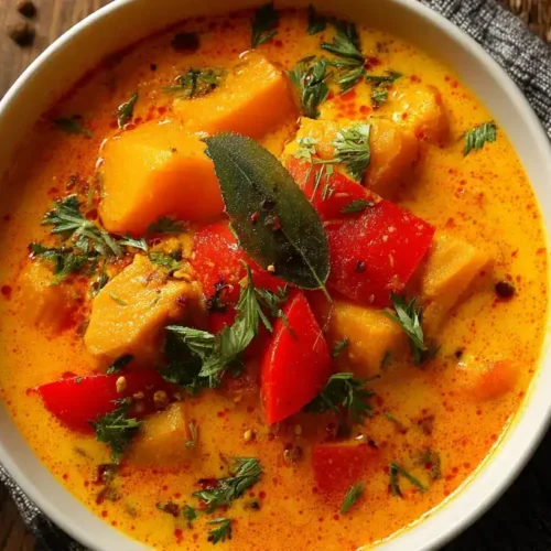 Cremiges Kürbis-Curry mit Kokosmilch, serviert in einer weißen Schüssel
