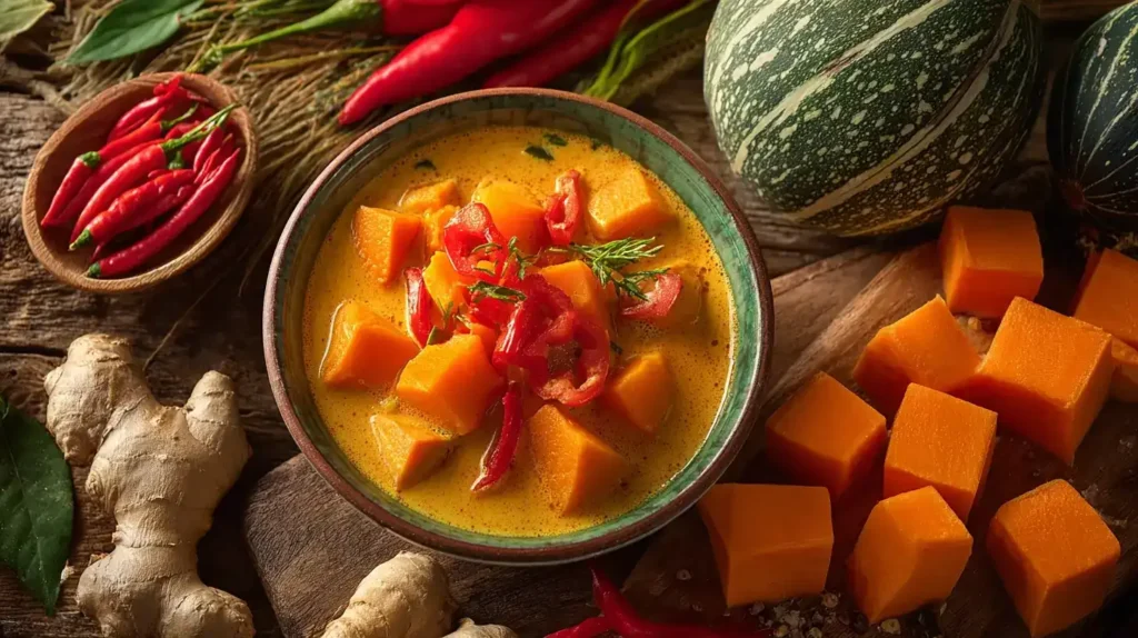 Hauptzutaten für Kürbis-Curry – Kürbis, Paprika, Möhre, Kokosmilch und Gewürze