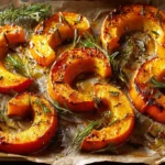 Aromatischer Hokkaido Kürbis im Ofen mit Rosmarin, Ahornsirup und Zitronensaft