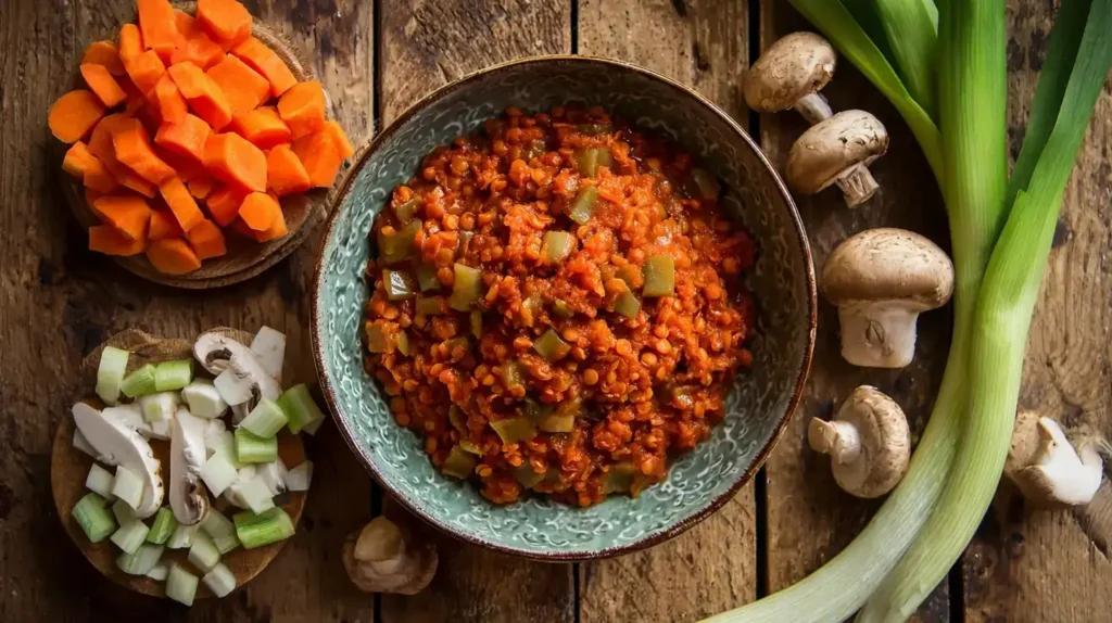 Rote Linsen-Bolognese mit Tomaten, Möhren, Champignons und italienischen Kräutern