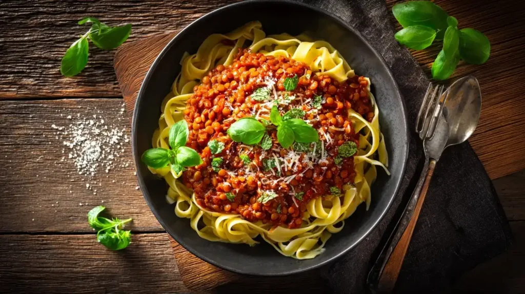 Linsenbolognese – Herzhafte Rote Linsen-Bolognese für die ganze Familie Servierte Linsenbolognese mit Nudeln, frischem Basilikum und Parmesan