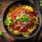 Servierte Linsenbolognese mit Nudeln, frischem Basilikum und Parmesan