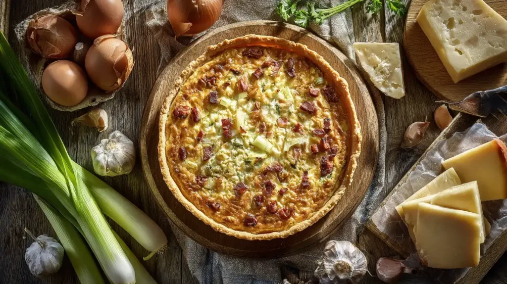 Servierte Quiche Lorraine auf Teller mit Salatbeilage