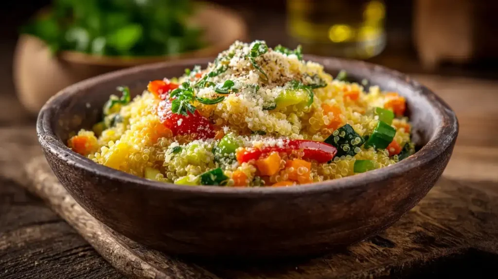 Cremiges Quinoa Risotto mit buntem Gemüse und Parmesan serviert in einer Schale – Quinotto Rezept.