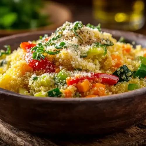 Cremiges Quinoa Risotto mit buntem Gemüse und Parmesan serviert in einer Schale – Quinotto Rezept.