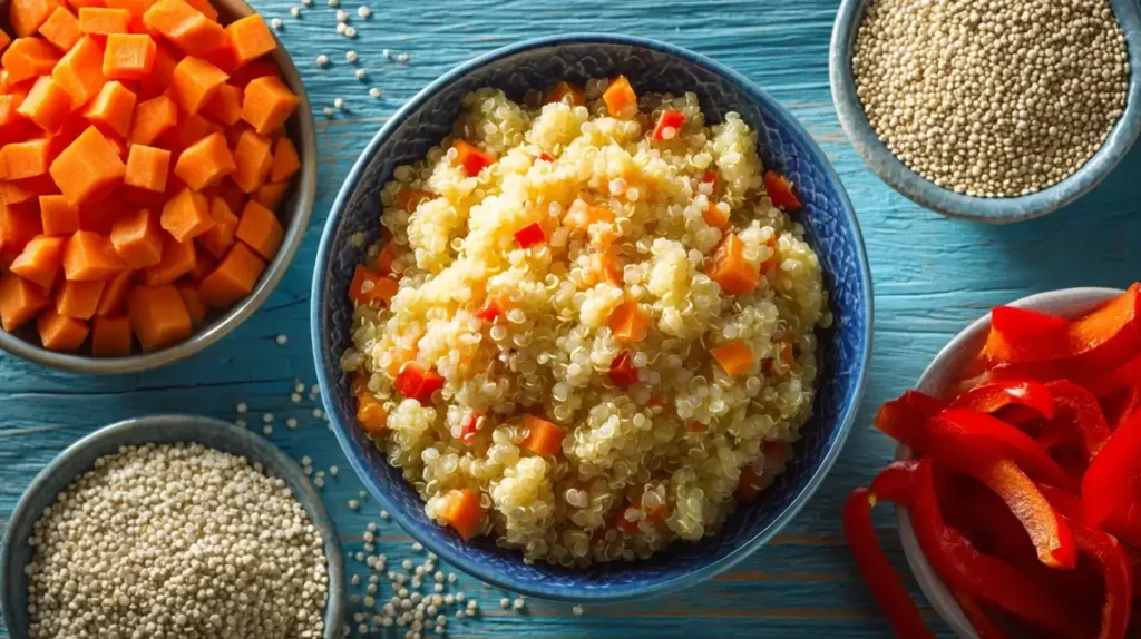 Frisches Quinotto mit Quinoa, Paprika und Möhren – vegetarisches Risotto Rezept.