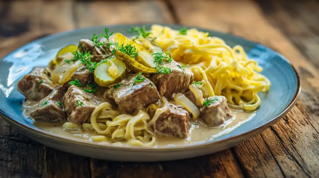 Schnelles Rahm-Rinderfilet Stroganoff auf Teller mit cremiger Sauce
