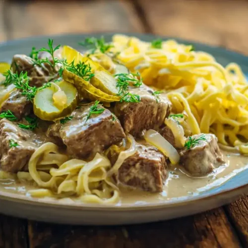 Schnelles Rahm-Rinderfilet Stroganoff auf Teller mit cremiger Sauce