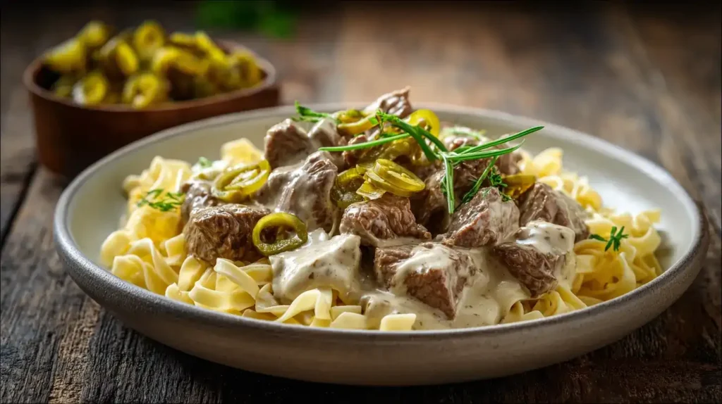 Rahm-Rinderfilet Stroganoff frisch in der Pfanne mit Sauce und Cornichons