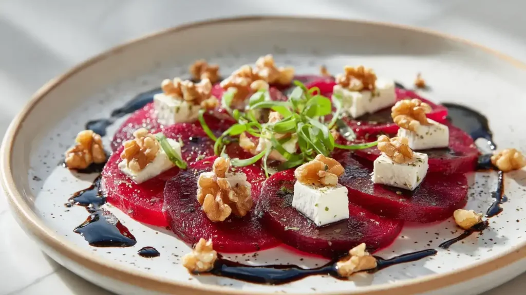 Rote-Bete-Carpaccio mit Feta und Walnüssen Rote-Bete-Carpaccio mit Feta und Walnüssen als frisches 20-Minuten-Rezept
