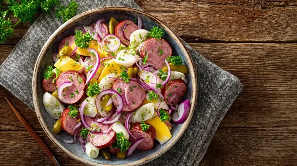 Bunter Schweizer Wurstsalat mit Käse, Zwiebeln und Cornichons, angerichtet auf einem Teller