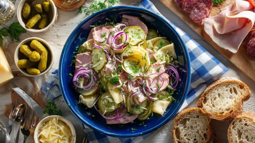 Frisch zubereiteter Schweizer Wurstsalat mit Käse in einer Salatschüssel, garniert mit Petersilie