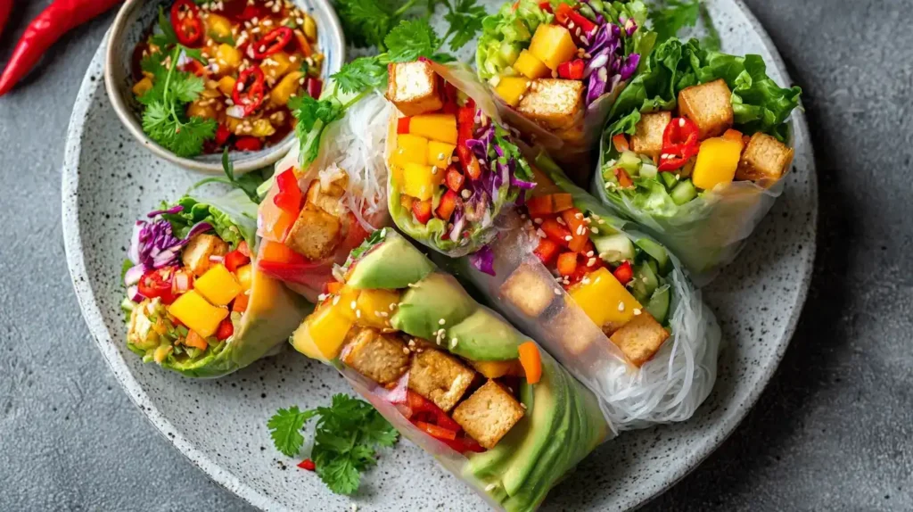 Sommerrollen in der Mitte, umgeben von Tofu, Glasnudeln und frischem Gemüse