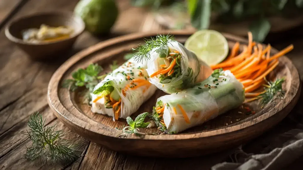 Sommerrollen selber machen Frisch zubereitete Sommerrollen mit Tofu, Glasnudeln und buntem Gemüse auf einem Teller angerichtet