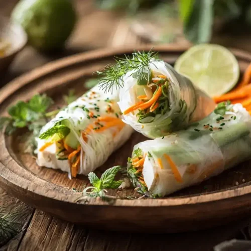 Frisch zubereitete Sommerrollen mit Tofu, Glasnudeln und buntem Gemüse auf einem Teller angerichtet