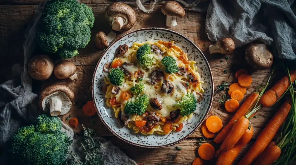 Spätzlepfanne mit Gemüse – Frische Zutaten: Spätzle, Brokkoli, Champignons, Möhren