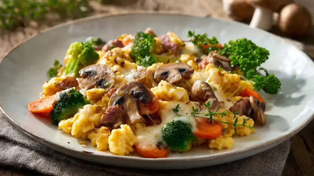 Spätzlepfanne mit Gemüse Spätzlepfanne mit Gemüse, Brokkoli, Möhren und Champignons, serviert auf weißem Teller