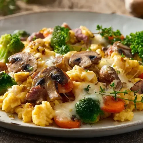 Spätzlepfanne mit Gemüse, Brokkoli, Möhren und Champignons, serviert auf weißem Teller