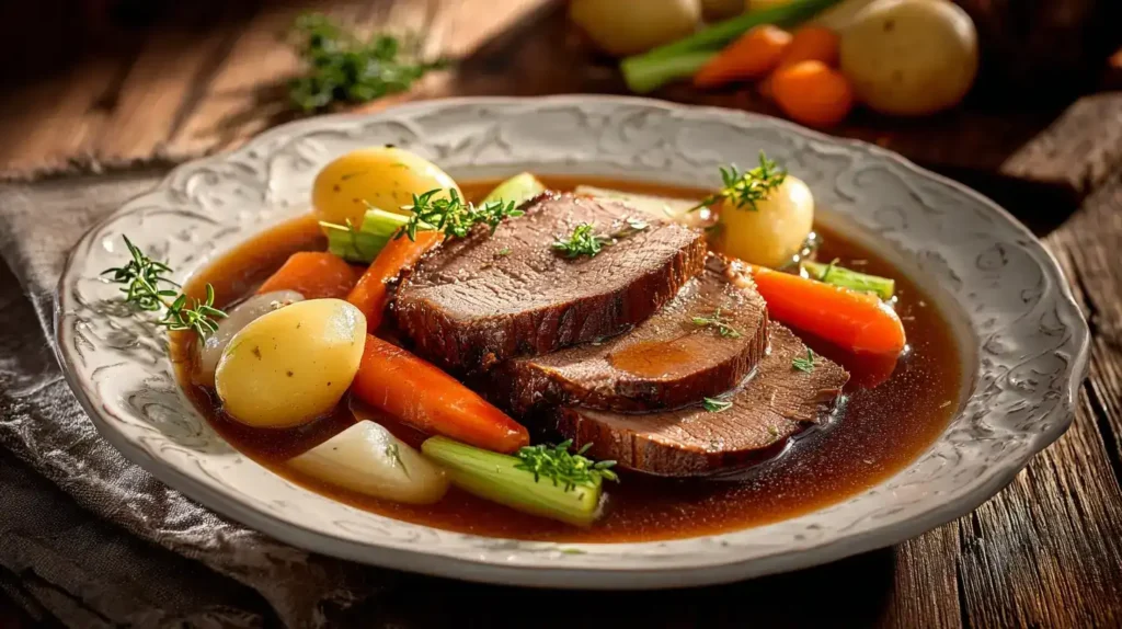 Tafelspitz Rezept serviert mit Gemüse und Kartoffeln