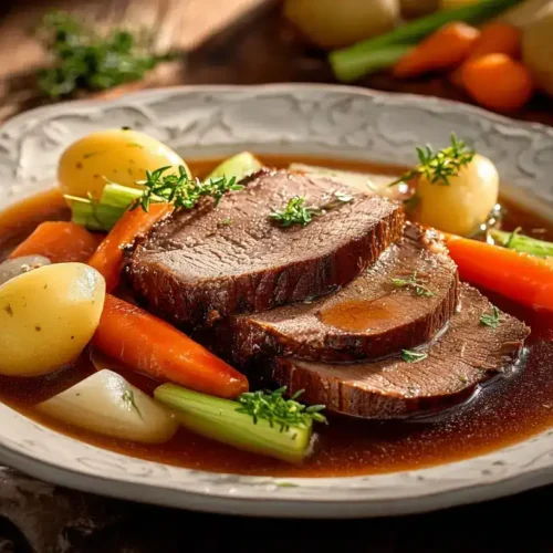 Tafelspitz Rezept serviert mit Gemüse und Kartoffeln