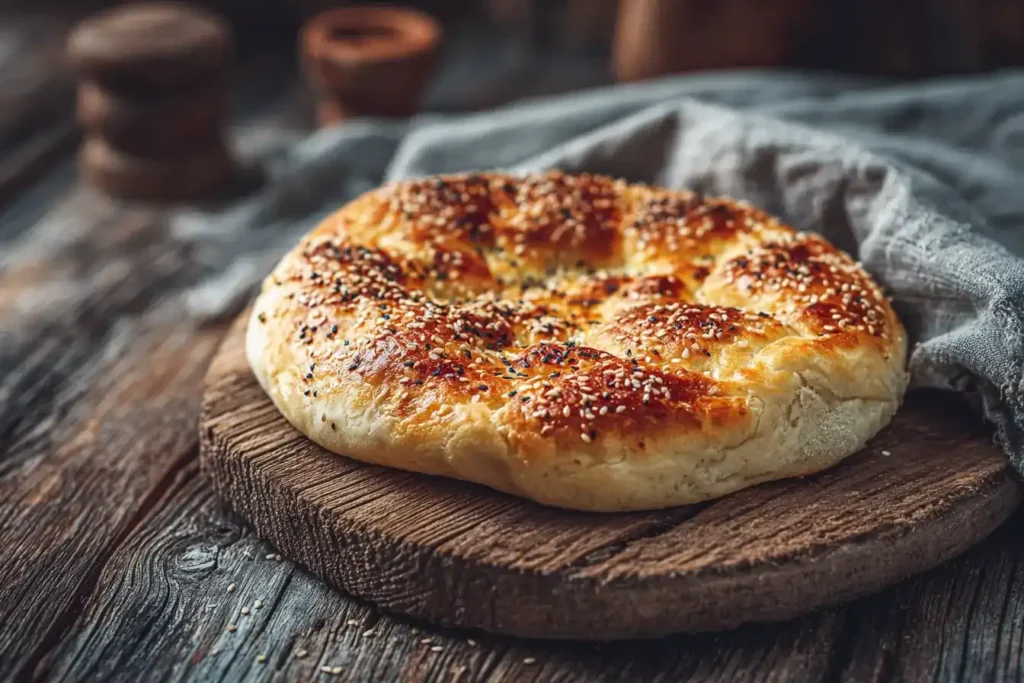 Frisch gebackenes Türkisches Fladenbrot auf einem Holzbrett, goldbraune Kruste mit Sesam