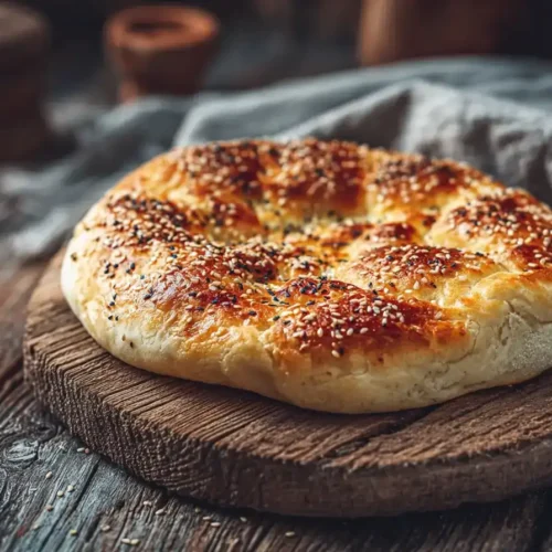 Frisch gebackenes Türkisches Fladenbrot auf einem Holzbrett, goldbraune Kruste mit Sesam