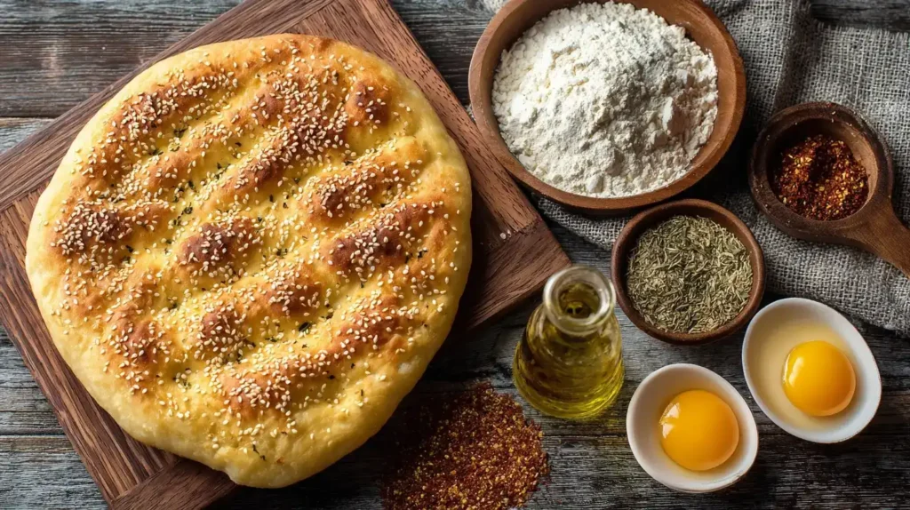 Zutaten für Türkisches Fladenbrot: Mehl, Hefe, Ei, Wasser, Olivenöl auf hellem Hintergrund