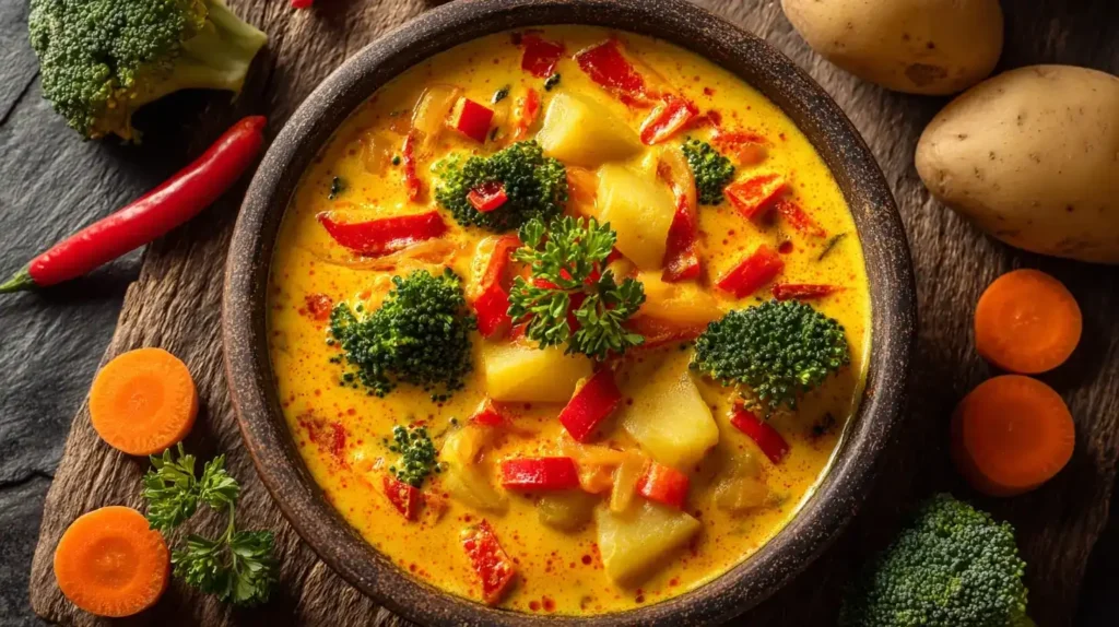 Veganes Gemüsecurry mit Kokosmilch und Gemüse, garniert mit frischem Koriander und Limette, appetitlich angerichtet