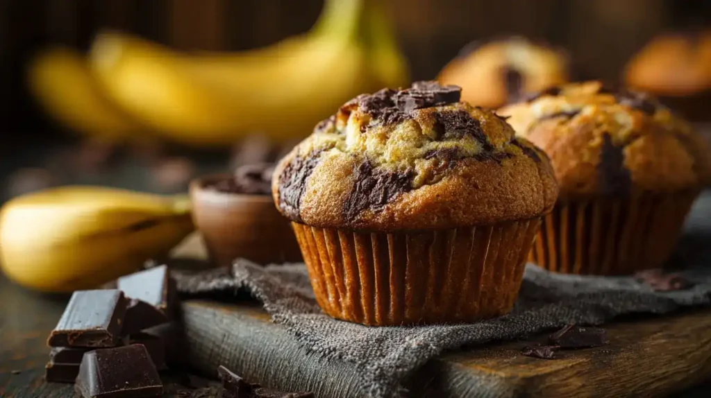 Frisch gebackene Bananen-Schoko-Muffins auf einem Teller