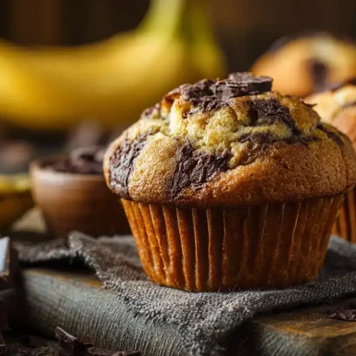 Frisch gebackene Bananen-Schoko-Muffins auf einem Teller