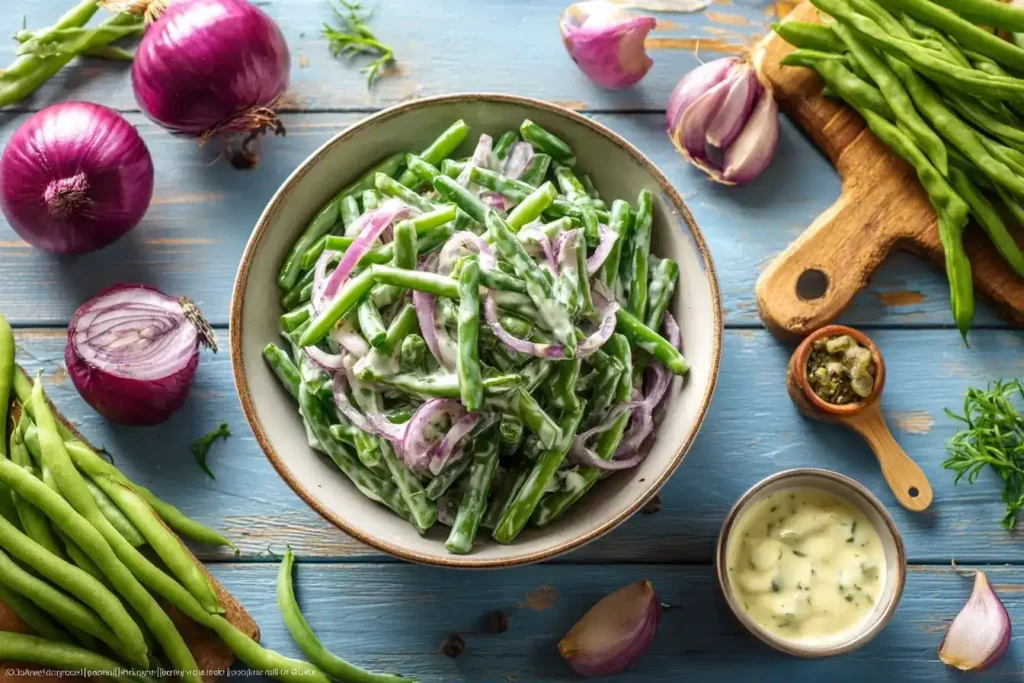 Cremiger grüner Bohnensalat mit Dressing und frischen Zwiebeln, serviert auf Holztisch