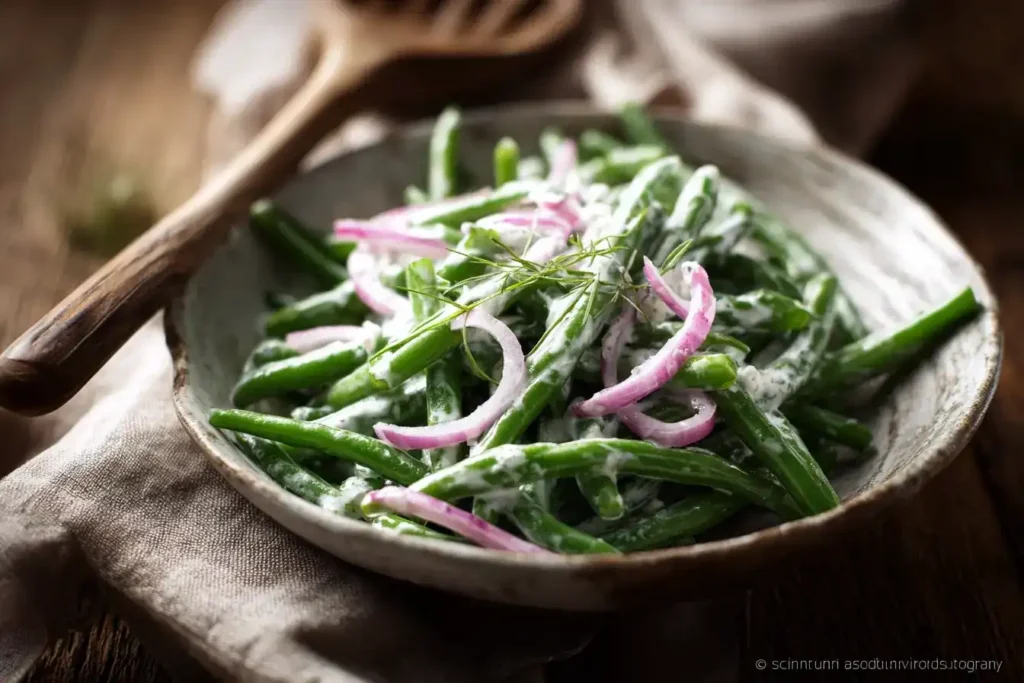 Frischer Bohnensalat mit grünen Bohnen, Zwiebeln und cremigem Kräuter-Dressing in einer Schüssel serviert