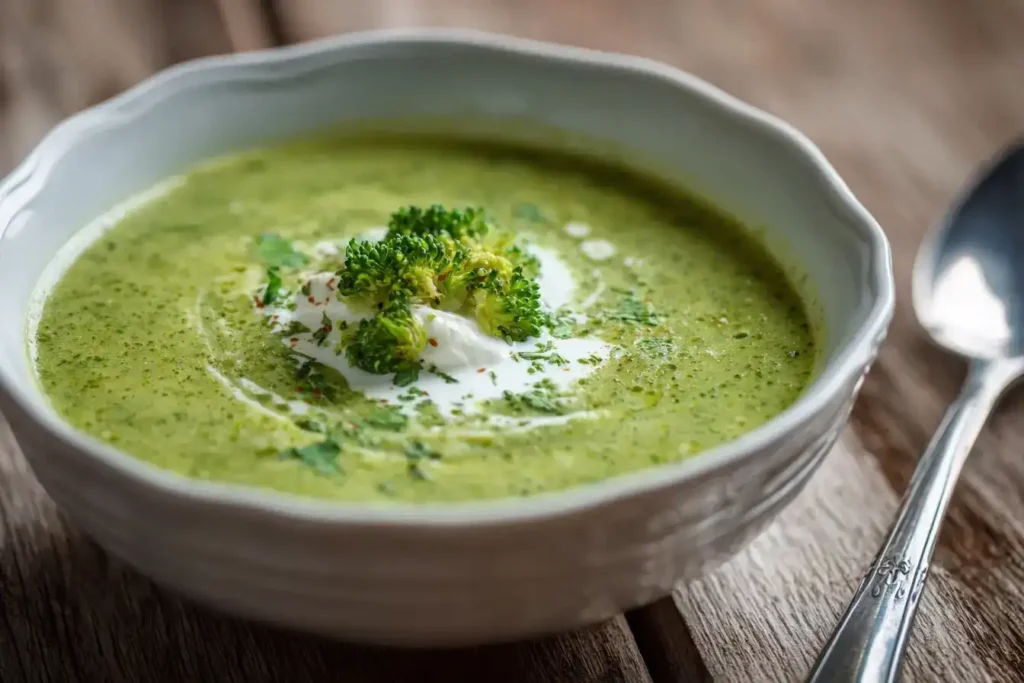 Cremige Brokkoli-Suppe serviert mit Créme Fraîche in einer weißen Schale