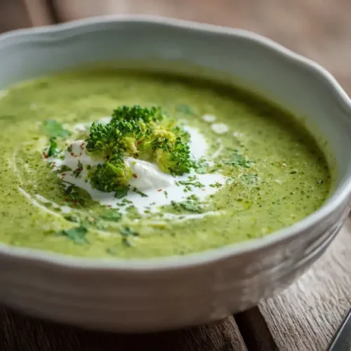 Cremige Brokkoli-Suppe serviert mit Créme Fraîche in einer weißen Schale