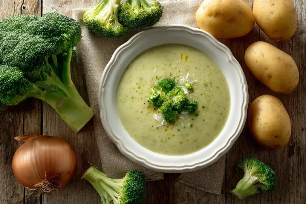 Brokkoli-Suppe in der Mitte, umgeben von Brokkoli, Kartoffeln und Zwiebeln