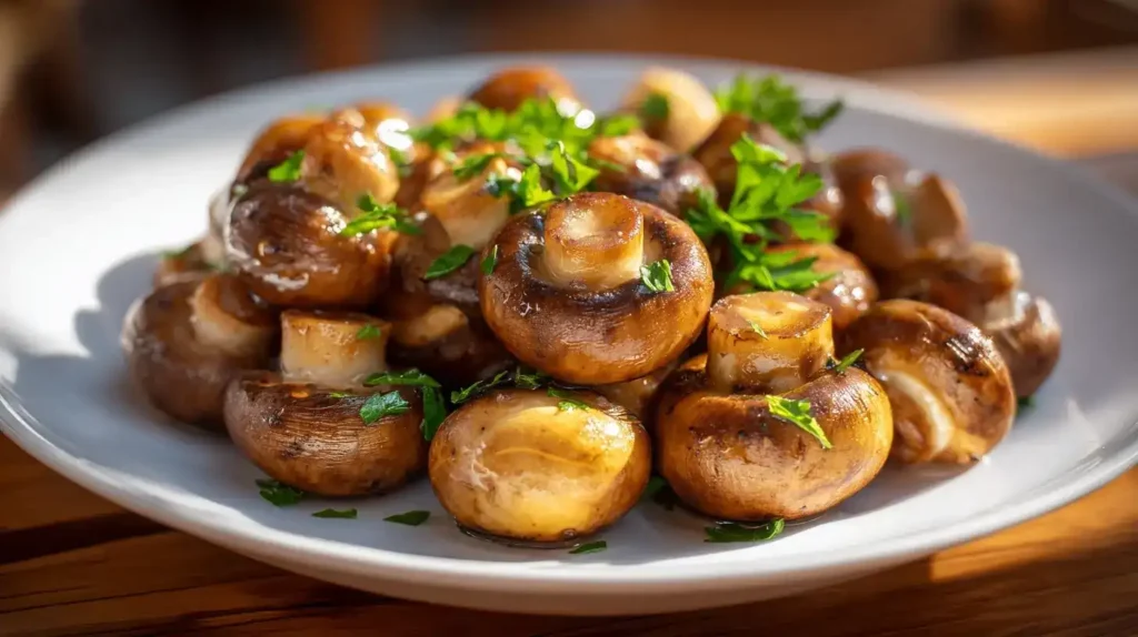 Knusprige Champignons aus der Heißluftfritteuse serviert auf weißem Teller