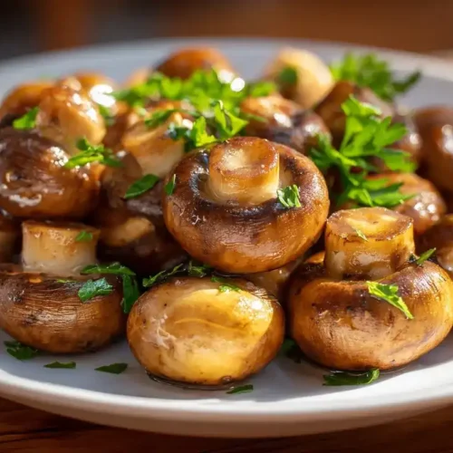 Knusprige Champignons aus der Heißluftfritteuse serviert auf weißem Teller